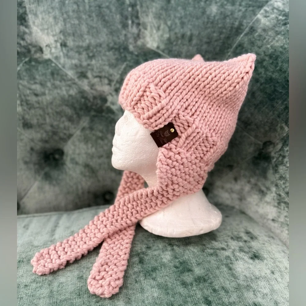 Handmade Hand Crafted Knit Ear Flap Cat Hat Adult Teen size Pink - Picture 4 of 10